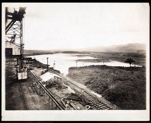 View of railroad tracks and machinery at the construction of the Panama Canal, 1912 or 1913